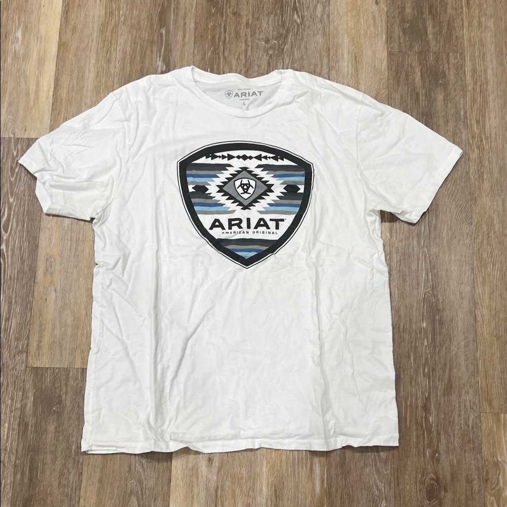 Ariat White Short Sleeve Tee with Blue and Black Shield Logo